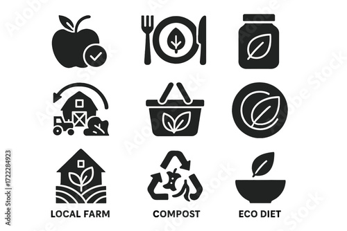 Eco-friendly flat icons set. featuring farm, recycle, compost, food, apple, diet, leaf symbols