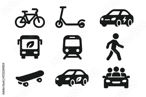 Transportation silhouette icon set. featuring bicycle, scooter, electric car, bus, train, pedestrian, skateboard, and carpool