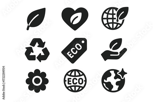Eco-friendly silhouette icon set. featuring leaf, heart, globe, recycle, eco tag, hand, flower symbols