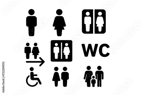 Restroom and accessibility silhouette icons set. featuring male, female, unisex, wheelchair, family, and wc symbols
