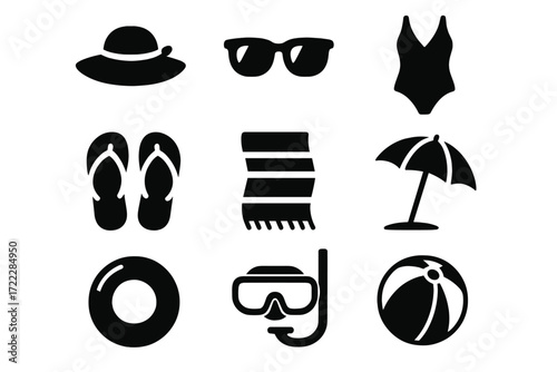 Summer silhouette icon set. featuring hat, sunglasses, swimsuit, flip-flops, towel, umbrella, float, snorkel, beach ball