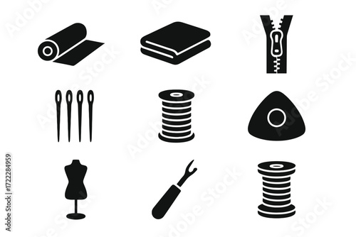 Sewing tools silhouette icon set. featuring needles, thread, fabric, zipper, and mannequin symbols