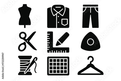 Tailoring tools silhouette icon set. featuring mannequin, shirt, pants, scissors, ruler, iron, spool, calendar, hanger