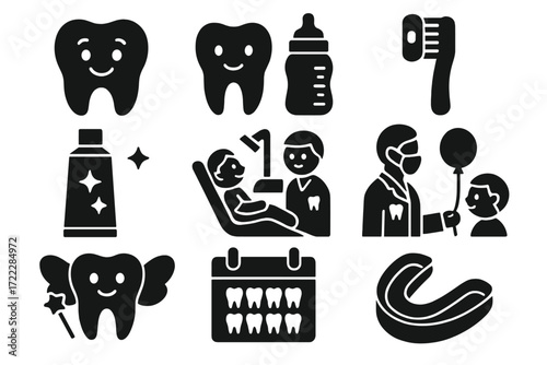 Dental care silhouette icon set. featuring toothbrush, tooth, dentist, toothpaste, and mouthguard symbols