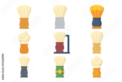 Personal care flat icon set. featuring shaving brush, foam, and grooming tools