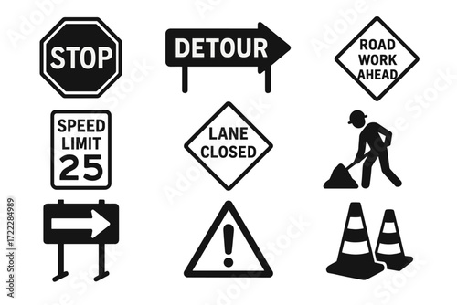 Road signs silhouette icon set. featuring stop, detour, speed limit, lane closed, road work, cones