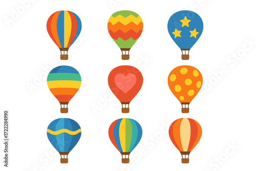 Hot air balloon flat icon set. featuring pattern, striped, zigzag, star, heart, polka dot, and wave designs