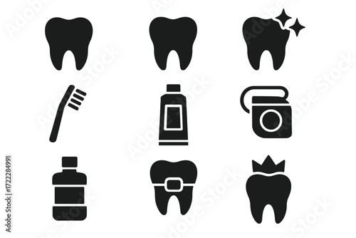 Dental care silhouette icon set. featuring tooth, toothbrush, toothpaste, mouthwash, braces, and crown symbols