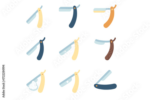 Barber tools flat icon set. featuring straight razor, foam, and grooming essentials symbols