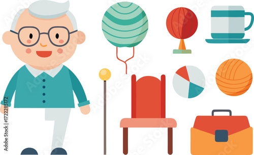 Vector set of grandparents day icons including grandpa yarn ball rocking chair and more isolated on transparent background