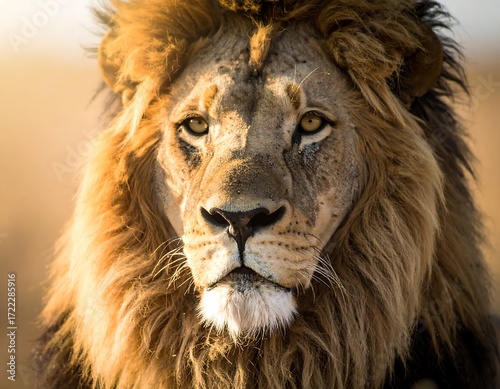Majestic lion's head portrait in golden light