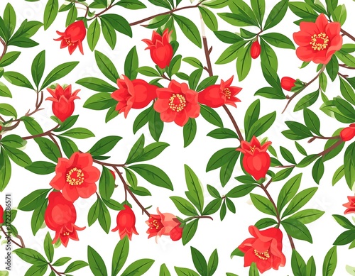 Seamless pattern of pomegranate blossoms and leaves.  Floral design