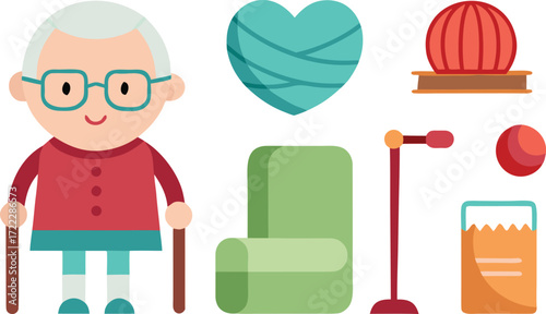 Vector set of grandparent's day icons including senior yarn rocking chair and more eps isolated on transparent background