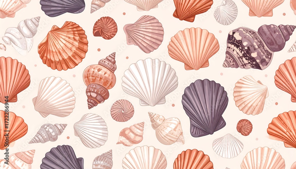 Seamless pattern of various seashells in pastel colors
