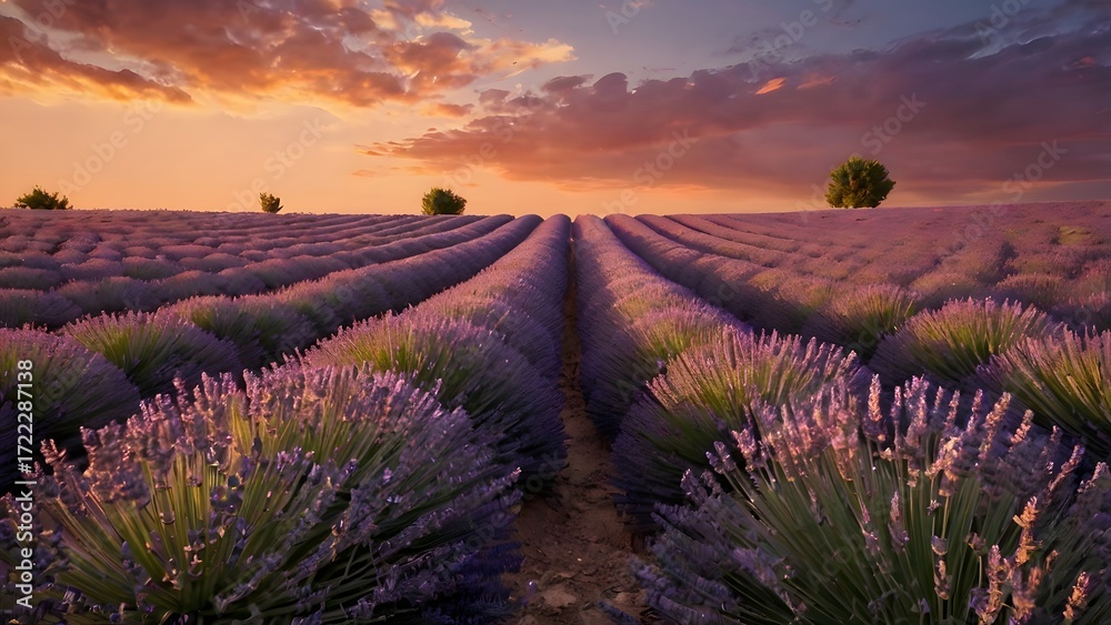 Fototapeta premium Lavender Field at Sunset with Dramatic Sky in Provence Landscape