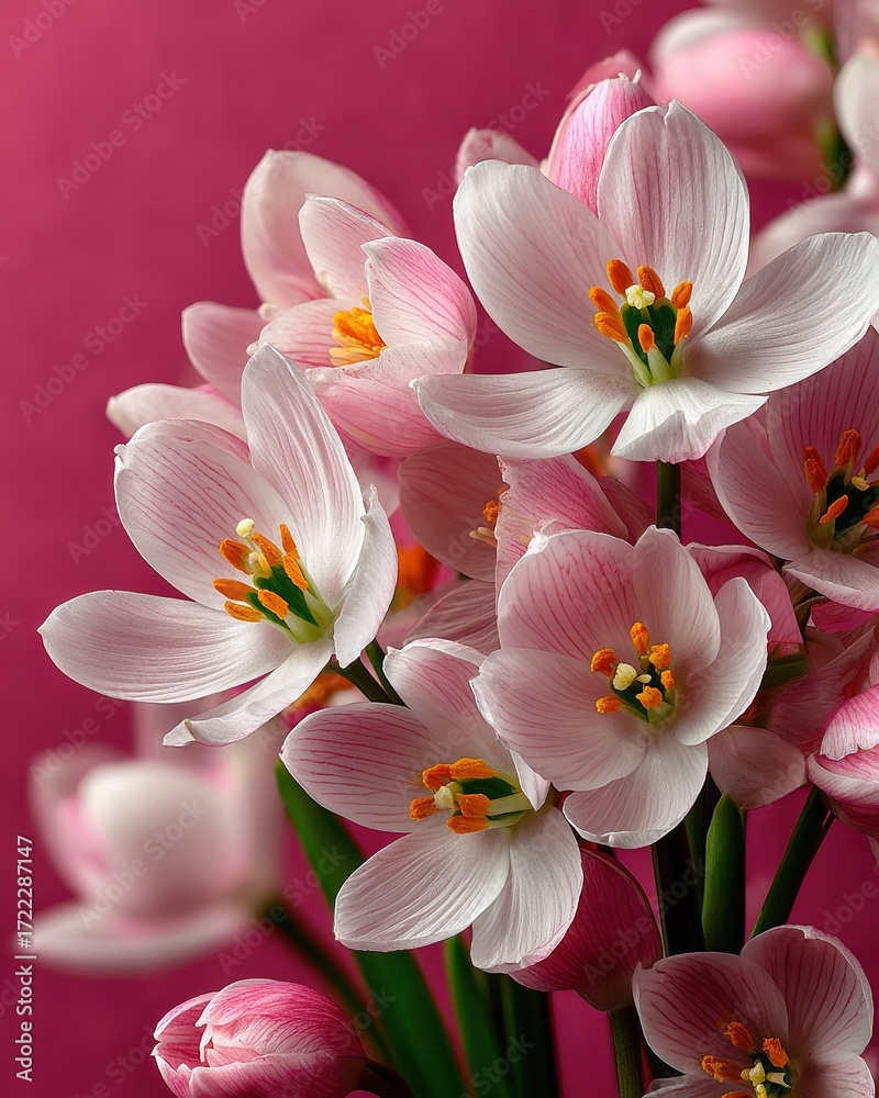 Fototapeta premium Creative layout with snowdrop flowers on pink background, minimal nature love background spring flowers concept