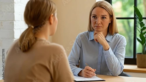 Empathetic female professional actively listening to client during consultation, interview, or therapy session