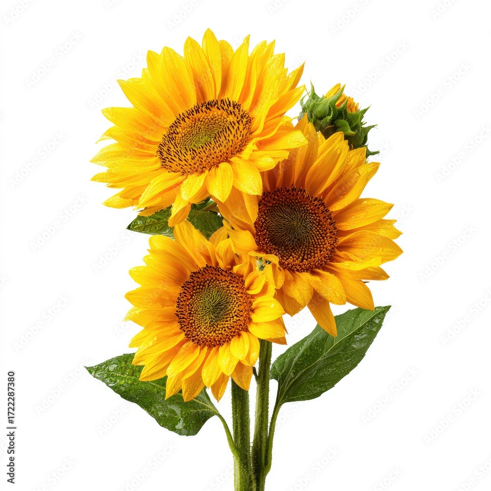 Fototapeta premium Three vibrant sunflowers, bright yellow petals, dark centers, fresh green leaves, on a white background