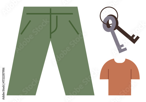 Green pants, brown shirt, and two metallic keys highlight essentials for dressing and home access. Ideal for fashion, organization, daily routine, planning, minimalism, practicality personal habits
