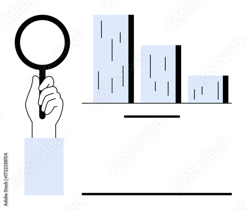 Hand holding magnifying glass near a bar chart, symbolizing analysis, research, data trends, and evaluation. Ideal for analytics, business, statistics, market research insights finance simple flat