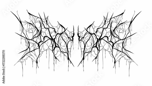 Abstract symmetrical black metal logo style with dripping thorn branches and web effect vector design, perfect for band art, tattoo, or dark apparel design