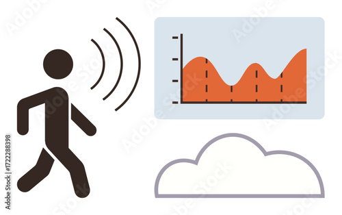 Person emitting waves, line chart showing fluctuating data, and stylized cloud. Ideal for technology, data analysis, fitness, cloud computing, IoT wireless connection trend monitoring. Simple flat