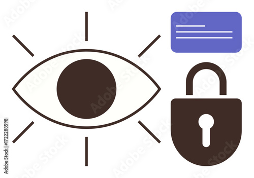 Eye with radiating lines, lock symbol, and document outlining privacy, protection, and access themes. Ideal for cybersecurity, data privacy, trust, security awareness technology sensitive