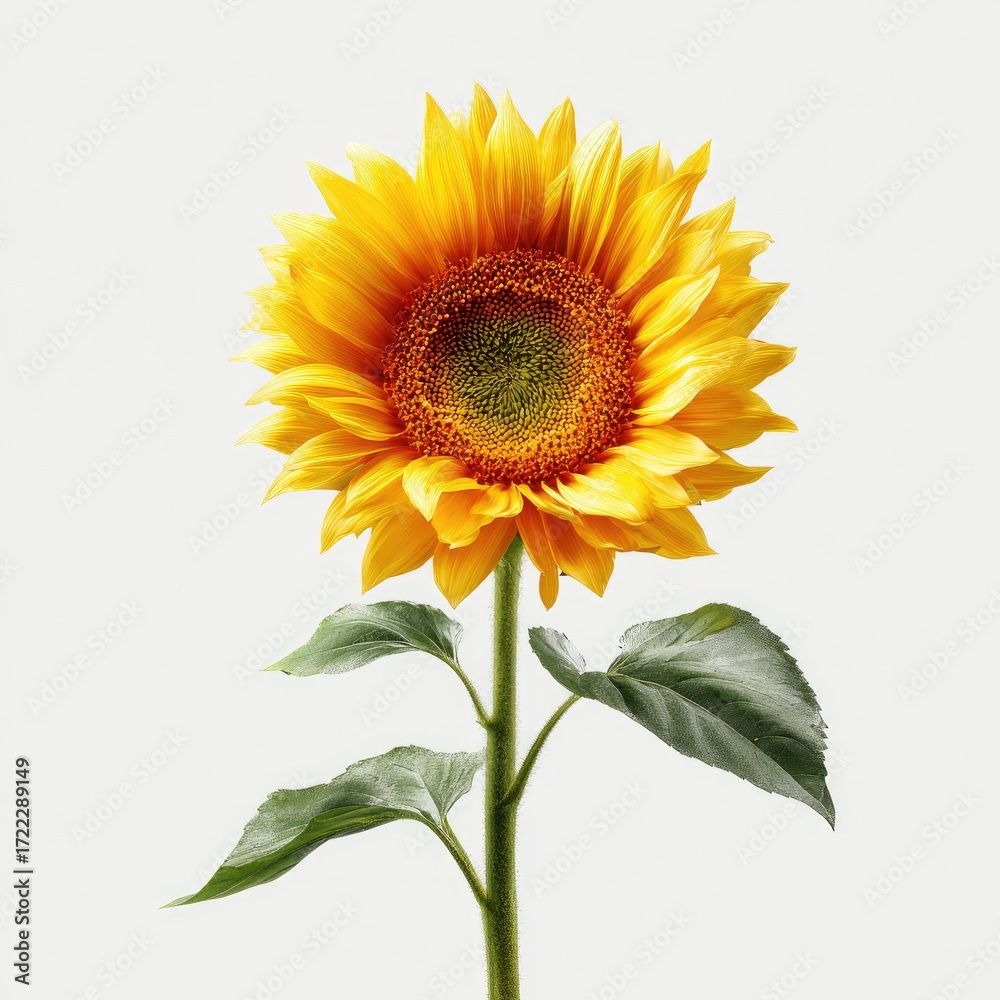 Obraz premium Single sunflower, vibrant yellow petals, green leaves, isolated