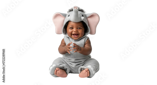 Smiling baby in elephant costume sitting on isolated transparent background png image with transparent background