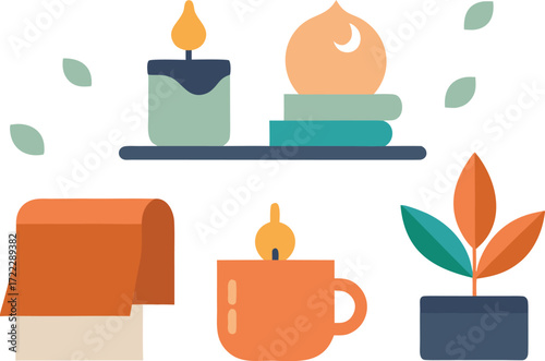 Cozy fall home icons scented candle throw vector illustration for autumn ambiance isolated on transparent background