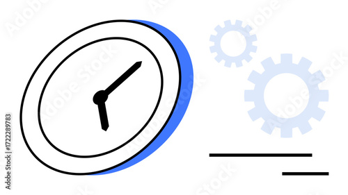 Clock with hands paired with gears and abstract lines highlighting workflow, efficiency, and productivity. Ideal for time management, teamwork, planning, organization, deadlines, strategy simple