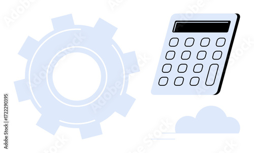Gear, calculator, and cloud signify innovation, computation, efficiency, and modern tools. Ideal for technology, finance, automation cloud computing productivity problem-solving and digital