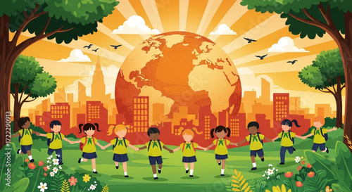 World Scout Day , the birthday of the Father of World Scouting Children Holding Hands Around Earth in Urban Setting, Vibrant Illustration of Togetherness and Diversity