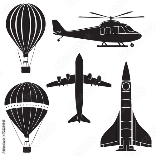 Vector illustration of air travel icons, including airplanes, helicopters, and balloons, flying through the sky