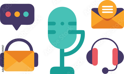 Set of communication icons vector illustration microphone phone email headphones chat isolated on transparent background