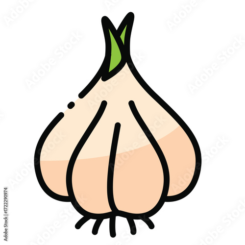 An illustrative drawing of a bulb of garlic with green sprouts