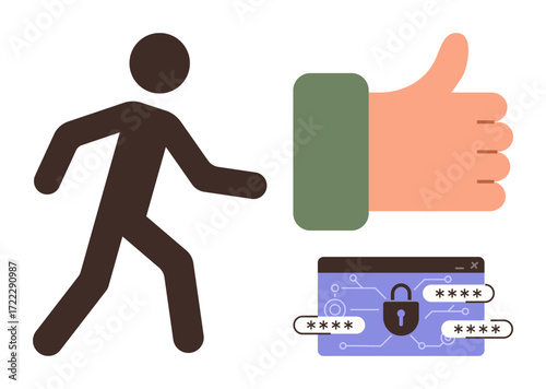Man walking forward, thumbs-up hand, and password-secured login screen emphasize movement, approval, cybersecurity, privacy, user authentication, security measures, and online activities in a simple
