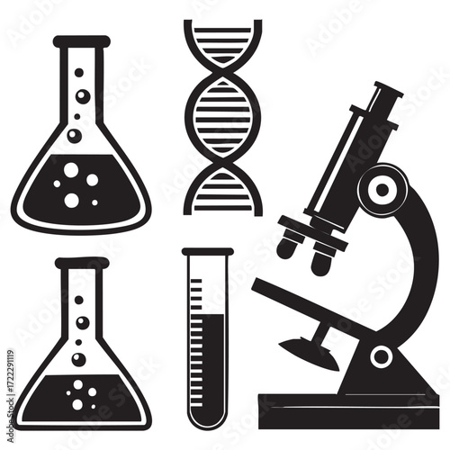 Vector illustration of laboratory science equipment, including a microscope, beaker, and test tubes