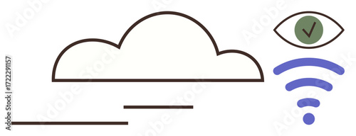 Cloud outline with wireless signals and an eye featuring a check mark. Ideal for technology, internet, security, data storage, connectivity, cloud services, privacy. Simple flat metaphor