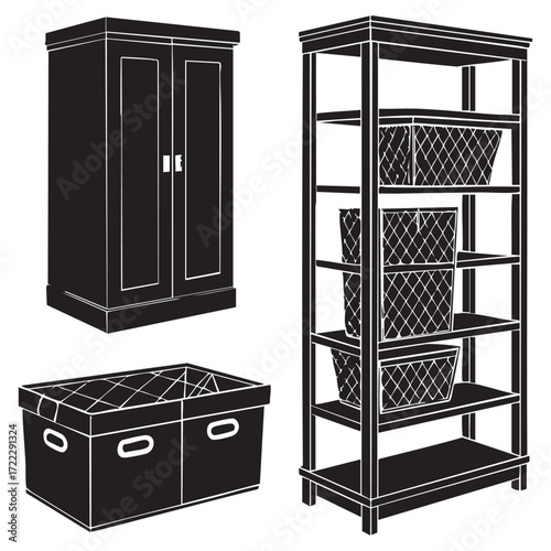 Black and white vector illustration of a vintage wooden wardrobe with a closed door, a cupboard, and a dresser for a home interior design