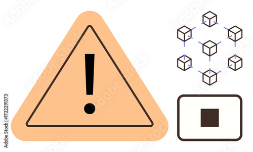 Exclamation mark inside triangle warning sign, blockchain nodes diagram, square stop icon. Ideal for security alert, technology risk, network issues, operations, blockchain, caution simple flat