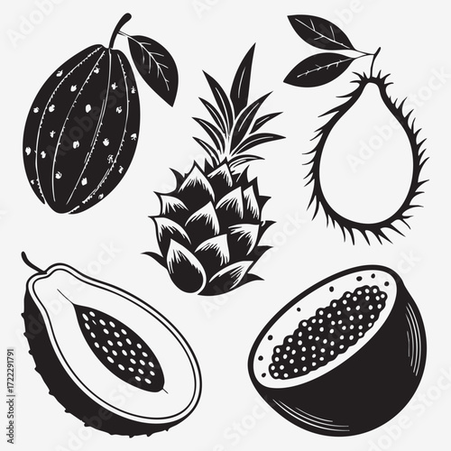 Seamless pattern set of colorful fruits and berries vector illustration with autumn leaves, flower, and foliage design icon drawing