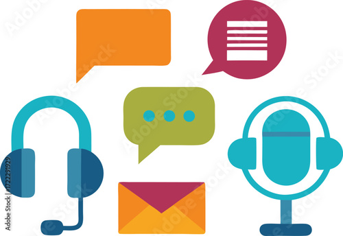 Set of communication and contact icons microphone phone headphones envelope speech bubbles vector illustration isolated on transparent background