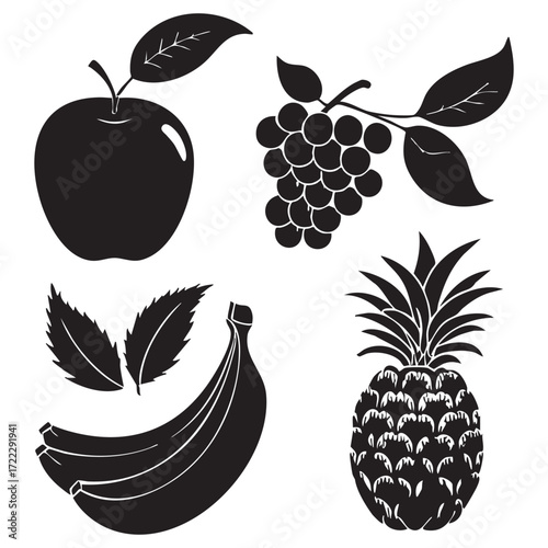 A vector illustration set of sweet, ripe fruits and berries like apple, strawberry, pear, cherry, orange, banana, pineapple, lemon, grapes, and raspberry for healthy vegetarian food