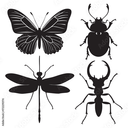 A vector set of insect silhouettes including a spider, ant, fly, beetle, bee, mosquito, butterfly, and cockroach, creating a seamless nature pattern illustration