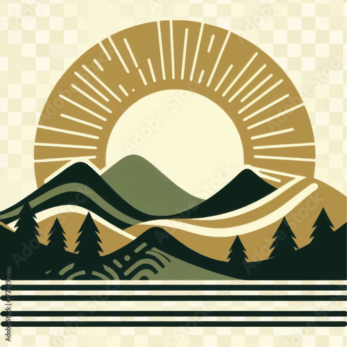 Majestic mountain range landscape with sunburst.