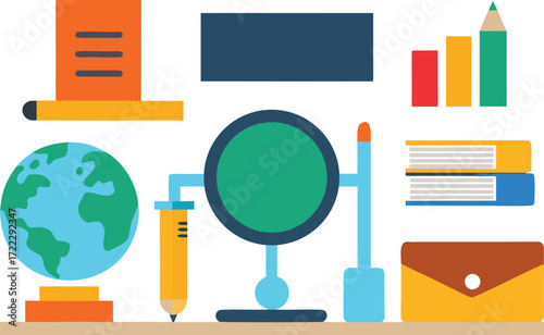 Vector illustration of classroom supplies blackboard desk globe and books eps scalable icon isolated on transparent background