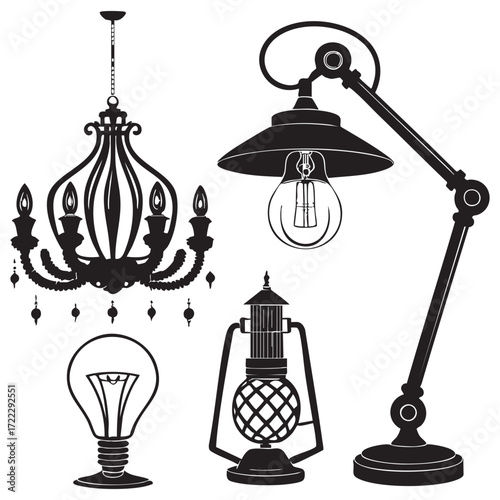 Antique street lamps, old lanterns and vintage vector illustrations of town lights in a silhouette of a metal birdcage design