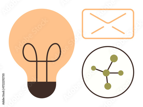 Light bulb representing ideas, envelope for messaging, network for collaboration and technology. Ideal for creativity, communication, collaboration, innovation, networking, strategy simplicity