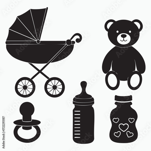 Vector baby carriage set with cute cartoon kids and toys icons